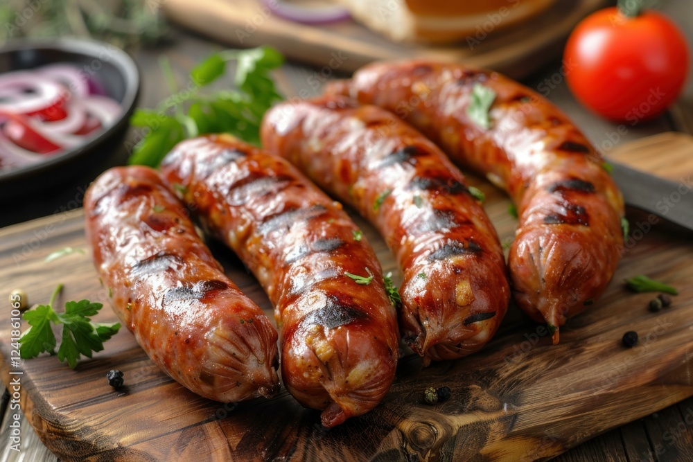 Juicy grilled sausages seasoned with herbs and spices, creating a flavorful and appetizing culinary scene Juicy grilled sausages seasoned with herbs and spices, creating a flavorful and appetizing culinary scene