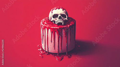 A spooky cake topped with a skull and dripping red icing, set against a vibrant red background, good for halloween or horror-themed celebrations. Gothic Horror. Illustration photo