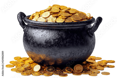 A black pot overflowing with gold coins, a classic symbol of luck, wealth, and prosperity.