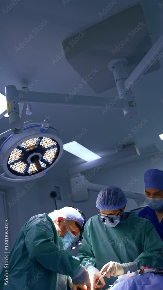 Male surgical team performs operation in modern surgery room. Chief surgeon puts much efforts applying metal tool and then gives it to a nurse. Vertical video. Male surgical team performs operation in modern surgery room. Chief surgeon puts much efforts applying metal tool and then gives it to a nurse. Vertical video.