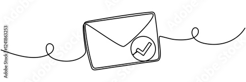 Paper envelope with check mark continuous one line drawing. Receive message concept. Email message sending. Vector illustration isolated on white.