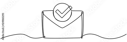 Paper envelope with check mark continuous one line drawing. Receive message concept. Email message sending. Vector illustration isolated on white.