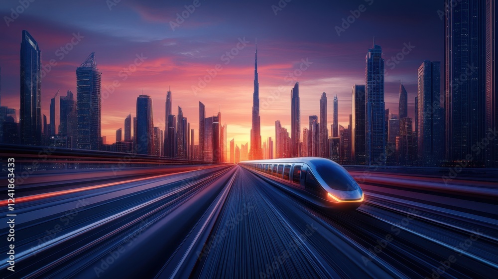 Fototapeta premium Modern Train Gliding Through a Futuristic Cityscape at Sunset with Skyscrapers and Vibrant Colors