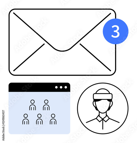 Envelope with notification badge, user profile in a circle, team management interface. Ideal for communication tools, social media, profile setup, notifications, email apps, teamwork abstract line