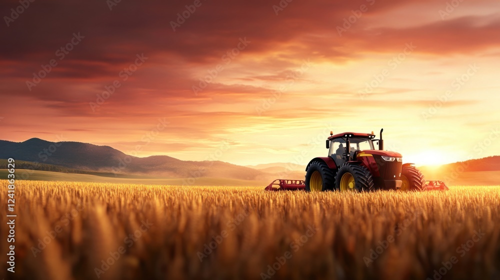 Fototapeta premium Majestic Sunset Over Fields with Tractor Preparing Land in Rural Landscape