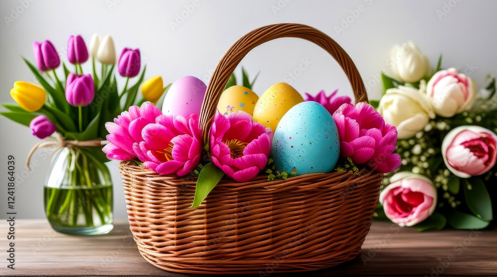 Painted eggs in wicker basket with blooming tulips. On light background. Concept of religion, Easter celebration. Watercolor drawing. Copy space for text. Painted eggs in wicker basket with blooming tulips. On light background. Concept of religion, Easter celebration. Watercolor drawing. Copy space for text.