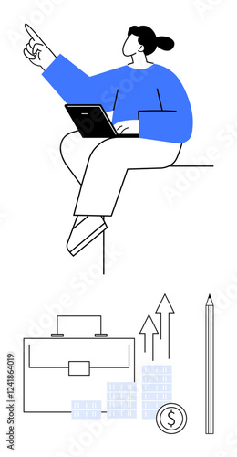 Person sitting and pointing while using a laptop. Below, briefcase, stacked coins, arrows, dollar sign, and pencil. Ideal for business, finance career growth strategy planning marketing