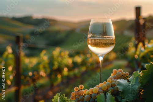 Glass of wine sitting on a table in a vineyard, drink background, copy space photo