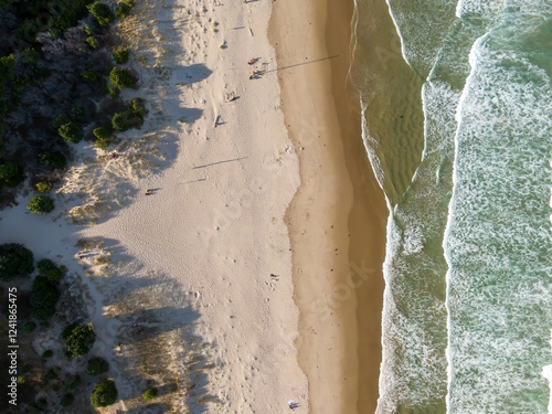 Aerial view of a beach with people relaxing. Waves crash on the shore, surrounded by lush vegetation. Perfect summer day. Opoutere, Whangamata, Coromandel Peninsula, New Zealand photo