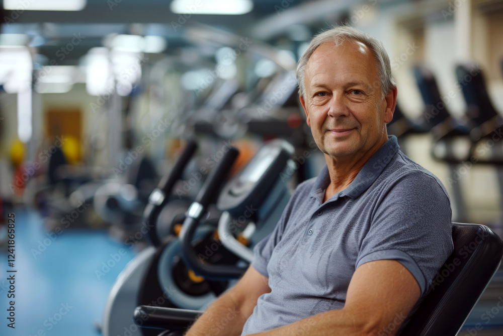Senior man sits smiling, surrounded by exercise equipment in a gym. Concept of active lifestyle and wellness in older age. For active aging promotion. Senior man sits smiling, surrounded by exercise equipment in a gym. Concept of active lifestyle and wellness in older age. For active aging promotion.