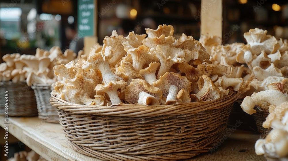 Fototapeta premium Fresh chanterelle mushrooms market basket display
