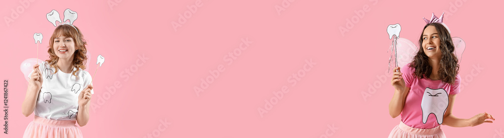 Tooth Fairies on pink background with space for text Tooth Fairies on pink background with space for text