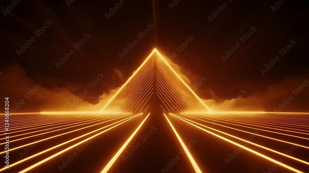 Obraz premium Orange neon pyramid, night, clouds