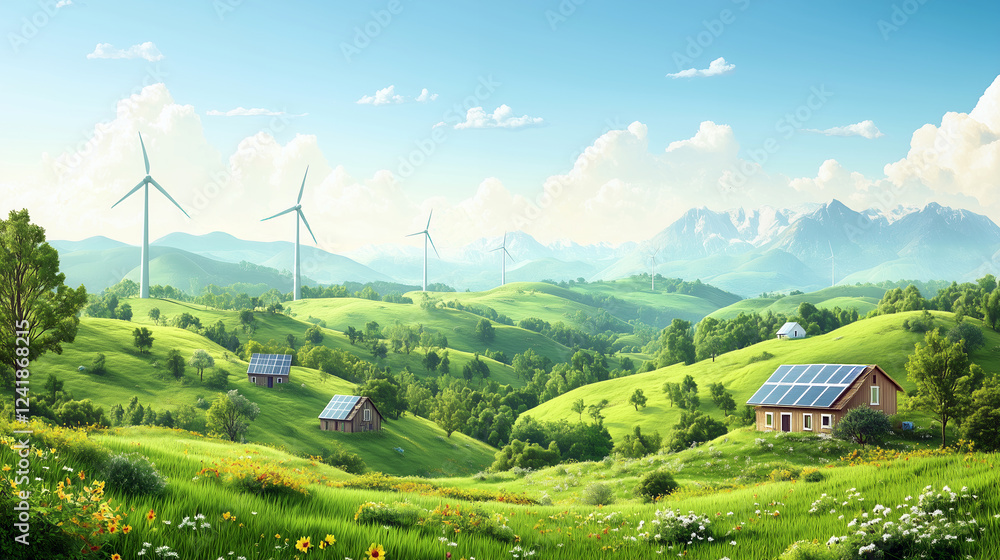 Fototapeta premium Sustainable countryside village with solar-powered homes and wind turbines on lush green hills under a clear sky