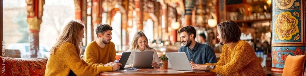 Young adults collaborate on laptops in a vibrant cafe setting. Young adults collaborate on laptops in a vibrant cafe setting.