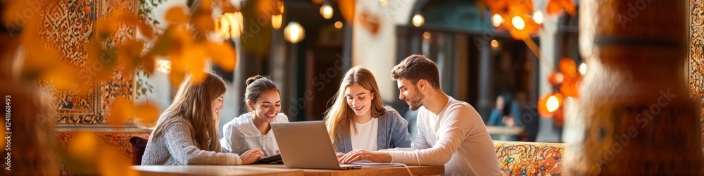 Students collaborate on a project in a vibrant cafe setting. Students collaborate on a project in a vibrant cafe setting.