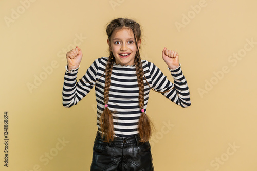 Young preteen child girl kid feeling hopelessness and loneliness, nervous breakdown, loses becoming surprised by game fail, bad fortune, loss, unlucky news. Teenager children on beige background