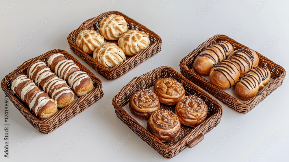 Fototapeta premium Sweet Delights: Wicker Trays of Fresh Buns in a Bakery