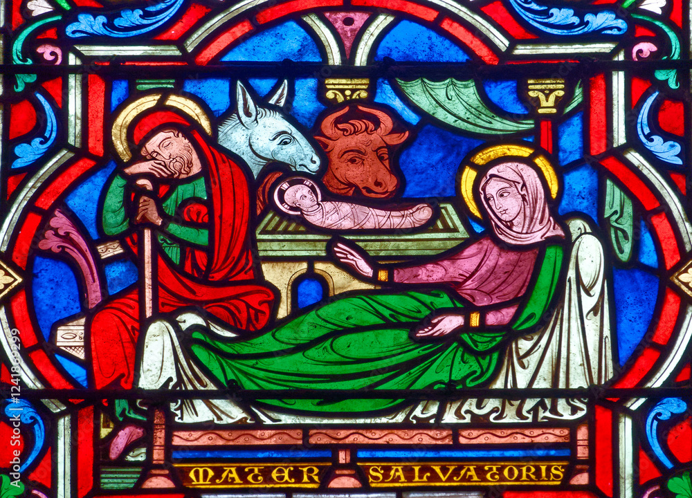 Stained glass (19th century) of Christmas Nativity Scene with Virgin Mary, Saint Joseph, and Jesus baby. . Stained glass (19th century) of Christmas Nativity Scene with Virgin Mary, Saint Joseph, and Jesus baby. .