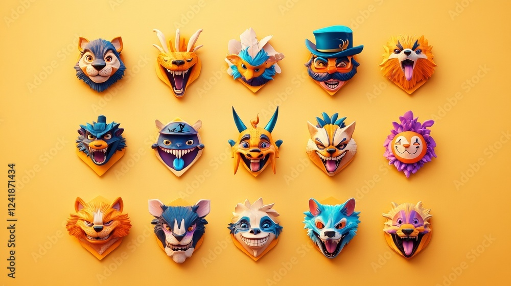 A vibrant collection of whimsical animal busts adorns a wall. A vibrant collection of whimsical animal busts adorns a wall.