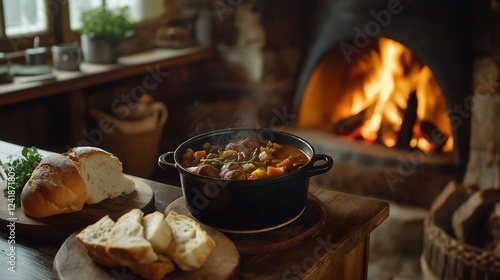 Traditional Irish kitchen featuring a warm hearth fire and hearty meal preparation
