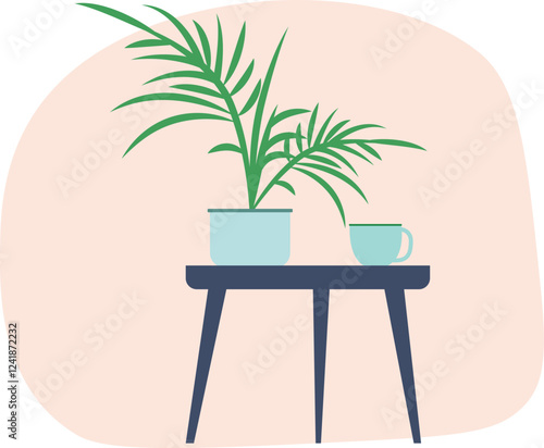 Potted Plant and Tea Cup on Wooden Table 