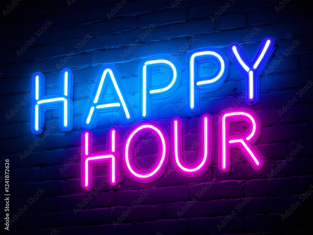 Happy Hour Neon Sign - Bright Blue and Pink Glow on Brick Wall Happy Hour Neon Sign - Bright Blue and Pink Glow on Brick Wall