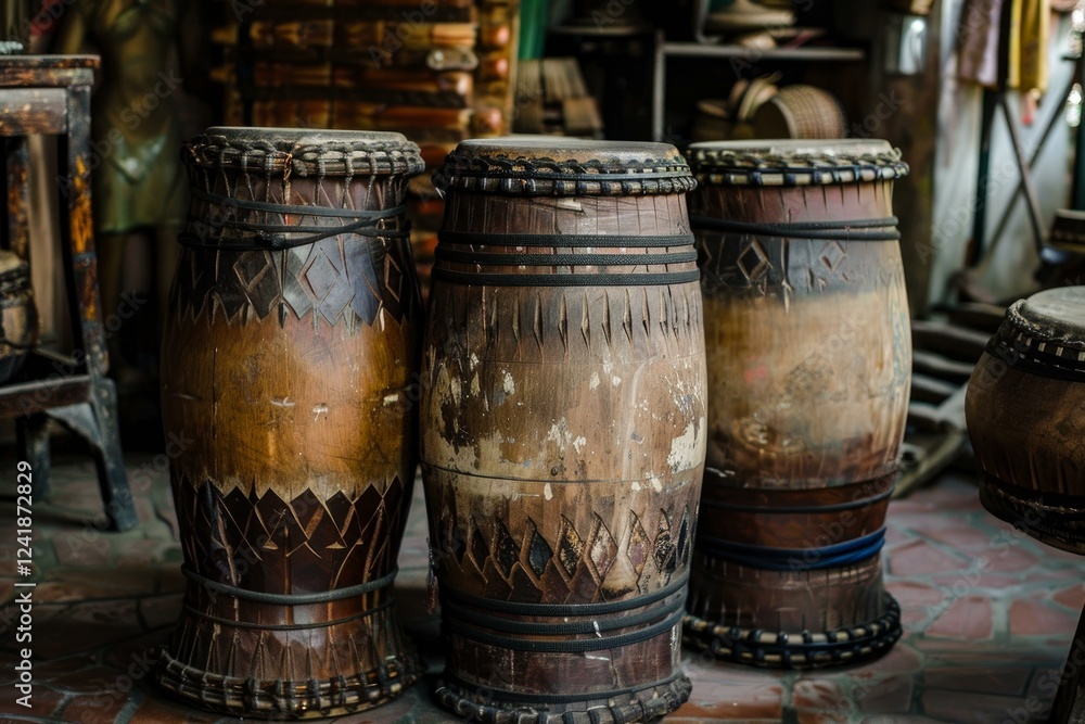 Three handcrafted wooden drums standing on a tiled floor, showcasing traditional asian craftsmanship in a musical instrument workshop Three handcrafted wooden drums standing on a tiled floor, showcasing traditional asian craftsmanship in a musical instrument workshop