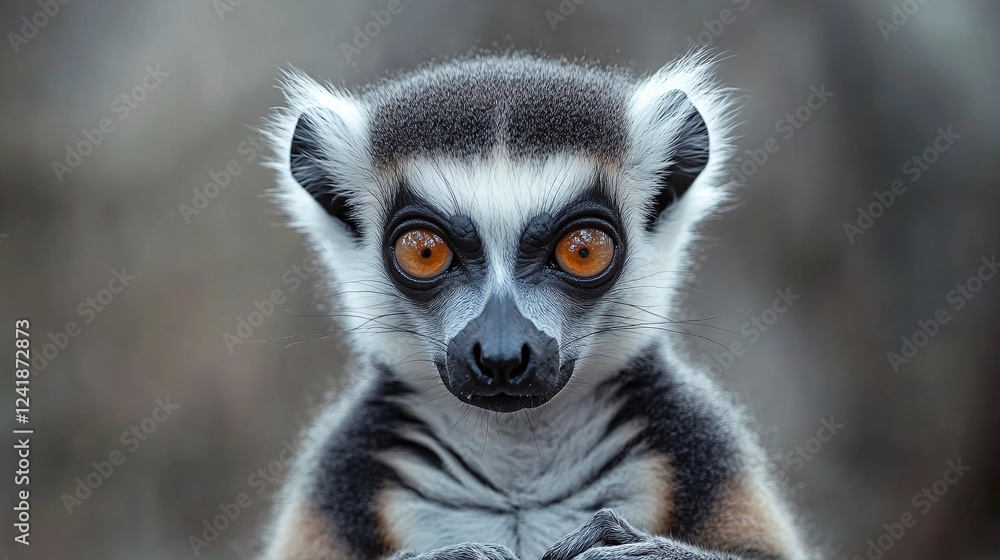 Obraz premium Closeup portrait of one beautiful madagascar black and gray furry lemur animal outdoors in the wildlife or the zoo. fluffy creature looking at the camera.
