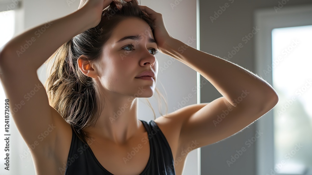 Woman applying hair care products in a bright indoor bathroom while preparing for the day Woman applying hair care products in a bright indoor bathroom while preparing for the day