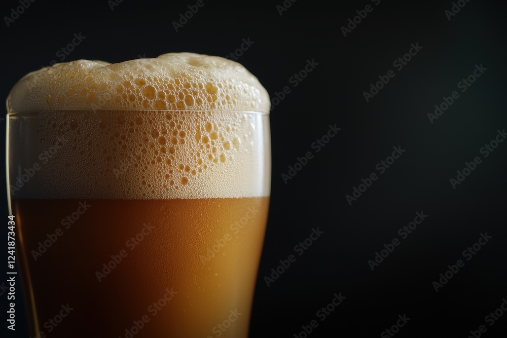 Glass of cold light beer with overflowing foam on dark background Glass of cold light beer with overflowing foam on dark background