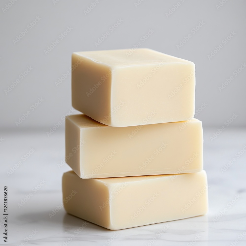 Three Stacked Creamy Soap Bars on Smooth Marble Surface Offering Clean and Natural Aesthetic Appeal Three Stacked Creamy Soap Bars on Smooth Marble Surface Offering Clean and Natural Aesthetic Appeal