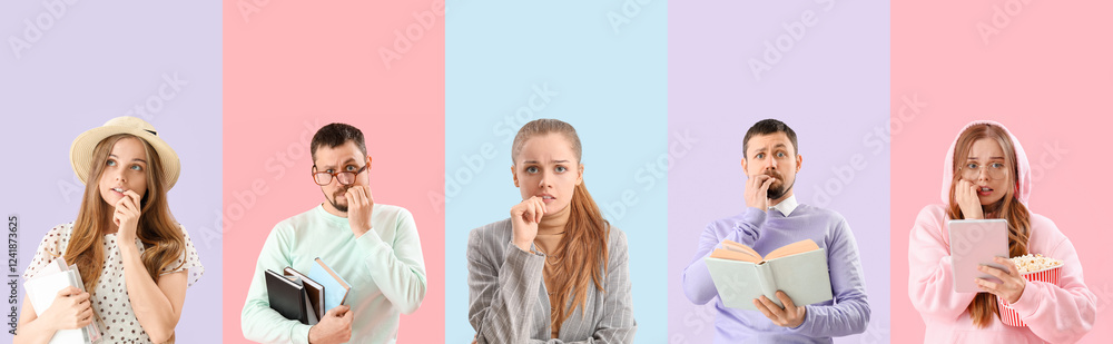 Set of different people biting nails on color background Set of different people biting nails on color background