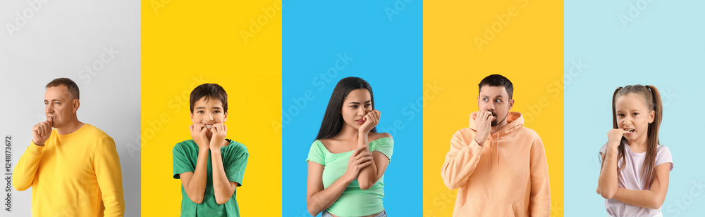 Set of different people biting nails on color background Set of different people biting nails on color background