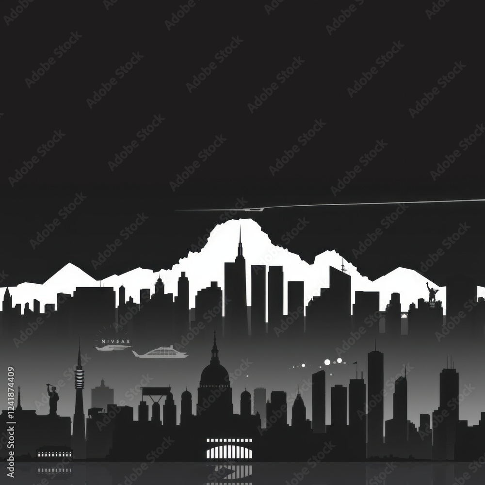 Fototapeta premium Panorama view of seoul city skyline silhouette 1 black & dark purple silhouetted skyline cityscape architecture illustration building city vector