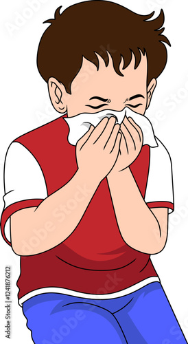 Child sneezing holding tissue vector illustration isolated on white background