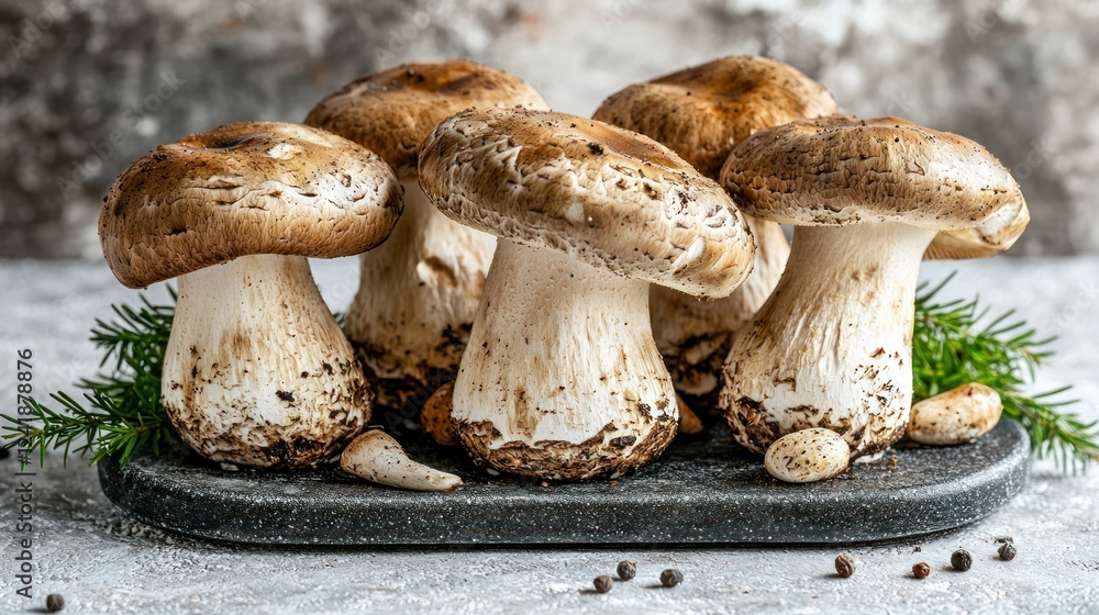 Fresh Mushrooms on Slate Board, Rustic Kitchen, Cooking Fresh Mushrooms on Slate Board, Rustic Kitchen, Cooking
