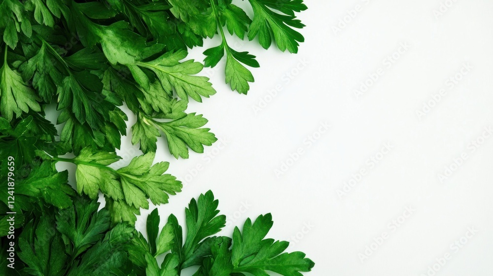 Vibrant green parsley leaves on a clean white background for fresh culinary use.