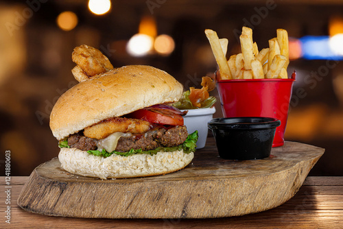 Gourmet Burger with Onion Ring and Bacon photo