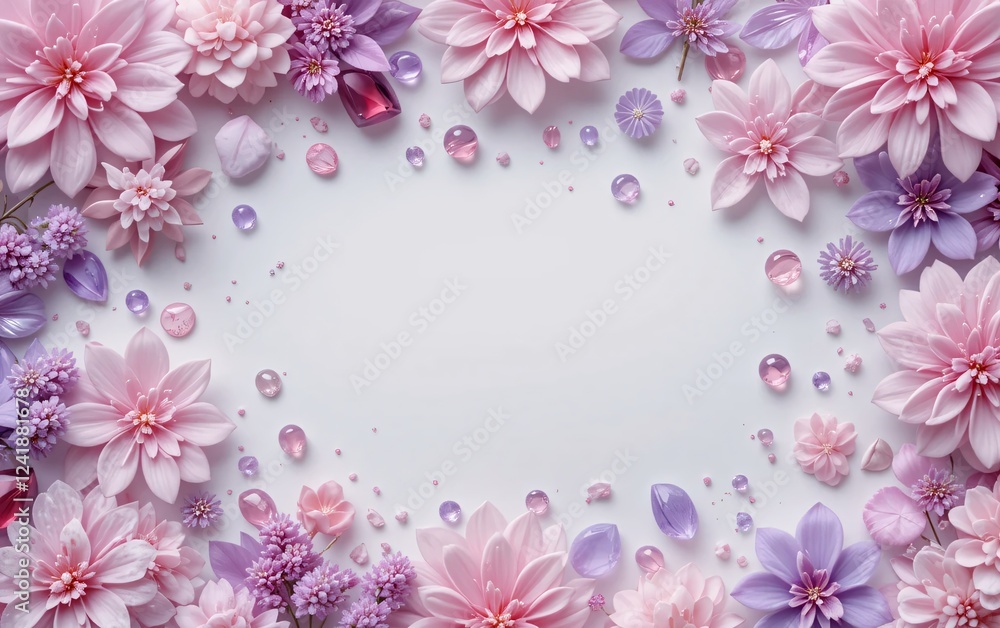 Background with decorative lilac and light pink flowers and precious stones Background with decorative lilac and light pink flowers and precious stones
