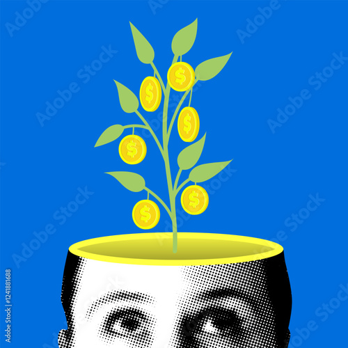 Modern collage with a money tree growing from a head. Brainstorm. Creative thinking and financial success. Knowledge and intelligence concept