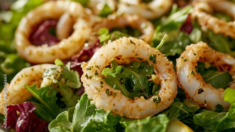 A professional culinary photo of calamari salad featuring delicately prepared calamari rings, fresh greens, and a zesty lemon vinaigrette, set against a clean background to enhance its vibrant colors. A professional culinary photo of calamari salad featuring delicately prepared calamari rings, fresh greens, and a zesty lemon vinaigrette, set against a clean background to enhance its vibrant colors.