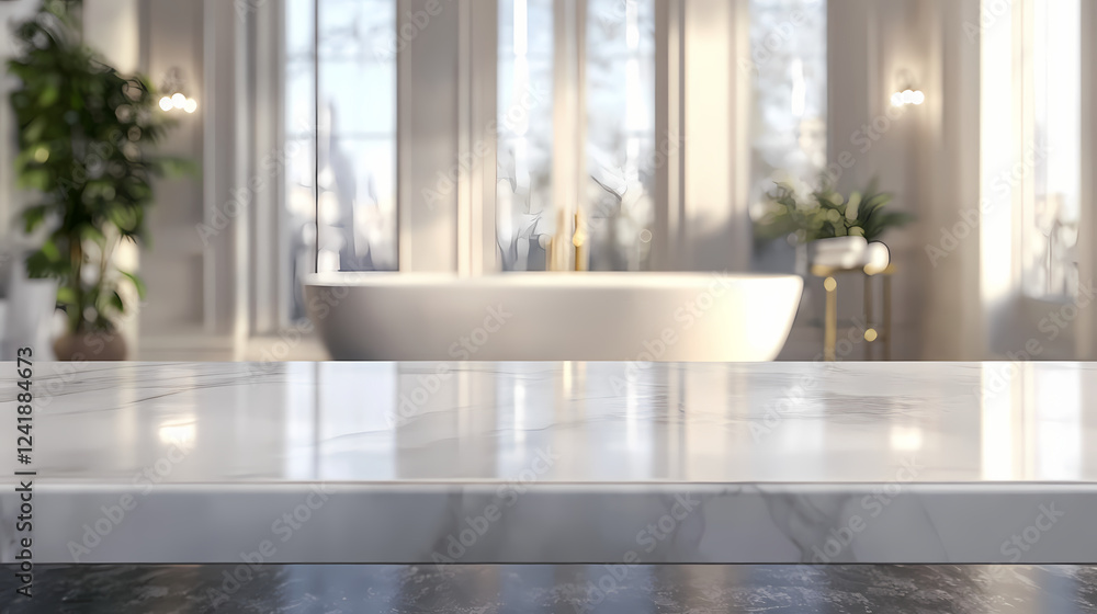 3d rendering of an empty marble top table with a blurred bathroom interior background for product display montage. Artistic Rendering Style. Illustration 3d rendering of an empty marble top table with a blurred bathroom interior background for product display montage. Artistic Rendering Style. Illustration
