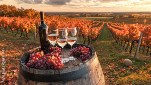 A picturesque display of wine glasses and fresh grapes set against a stunning vineyard landscape, symbolizing relaxation, luxury, and a connection to nature's bounty.