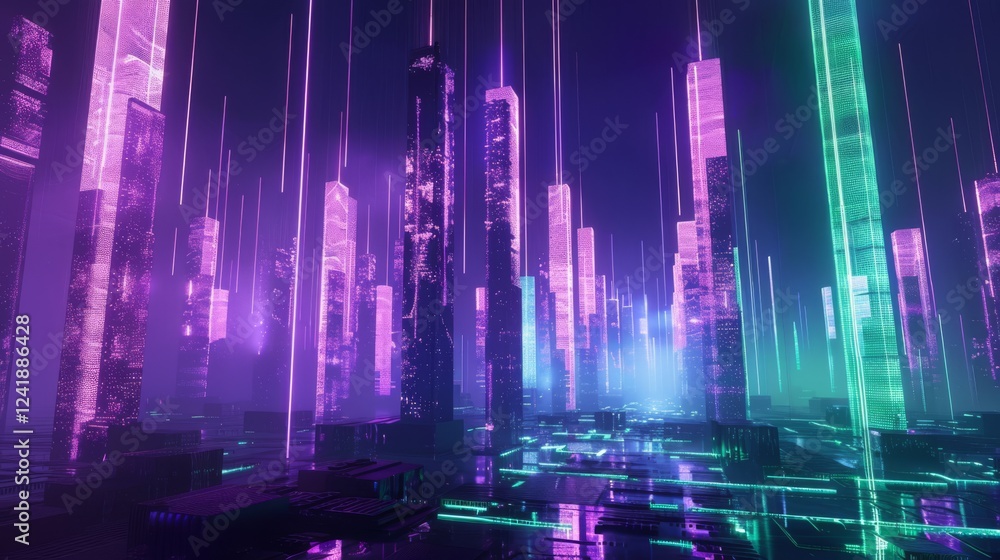 Cyberpunk-inspired digital cityscape with towering neon-lit skyscrapers in shades of purple and green. A high-tech futuristic background with glowing data streams Cyberpunk-inspired digital cityscape with towering neon-lit skyscrapers in shades of purple and green. A high-tech futuristic background with glowing data streams