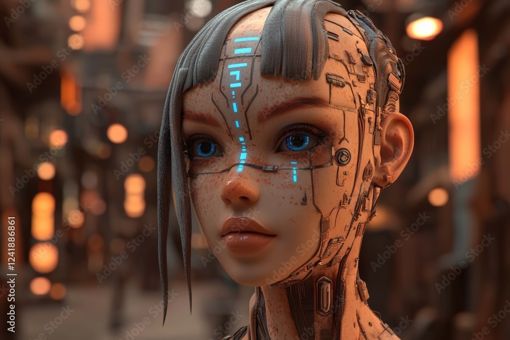 Futuristic humanoid robot with intricate facial features and glowing elements Futuristic humanoid robot with intricate facial features and glowing elements