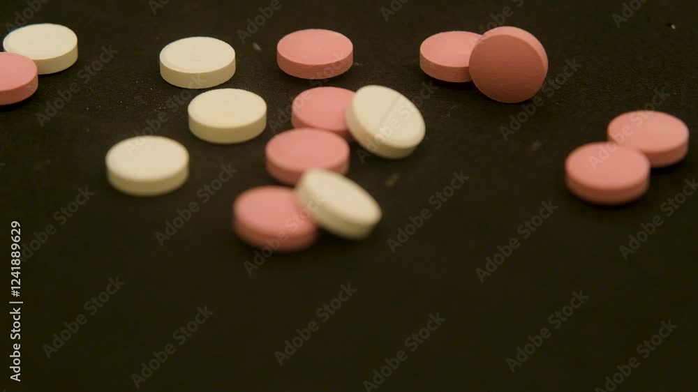 Colored and powdered medicines on a black background. Drug and addiction concept. 4K close-up. Colored and powdered medicines on a black background. Drug and addiction concept. 4K close-up.