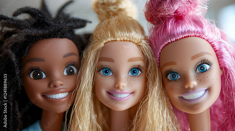 Diverse dolls smiling, close-up, friendship Diverse dolls smiling, close-up, friendship