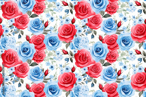 Seamless watercolor roses red and blue background pattern wallpaper