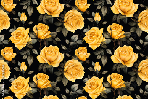 Seamless watercolor roses yellow and black background pattern wallpaper